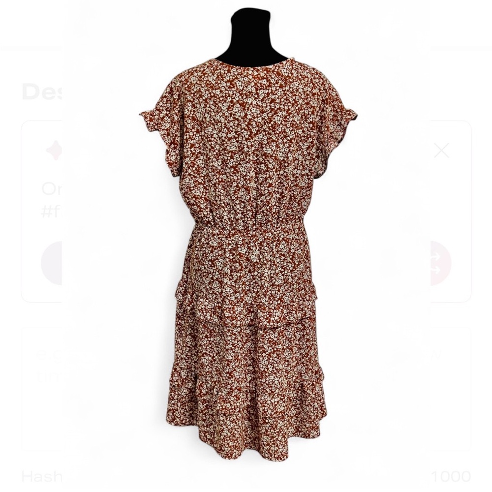 MONTEAU Brown & White Floral Midi Dress L, Short Sleeves V Neck Tiered Skirt - Picture 4 of 7